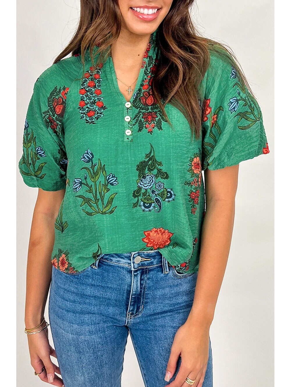 Green Floral Print Short Sleeve Blouse with Button Detail